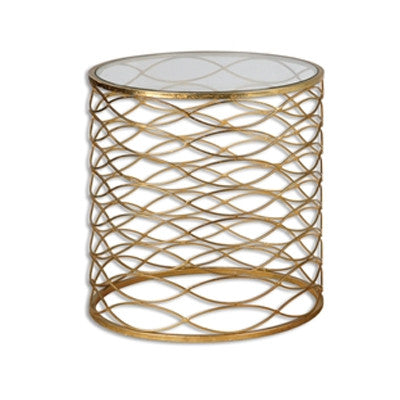 Pair of Round Woven Gold Metal Glass-Top Table